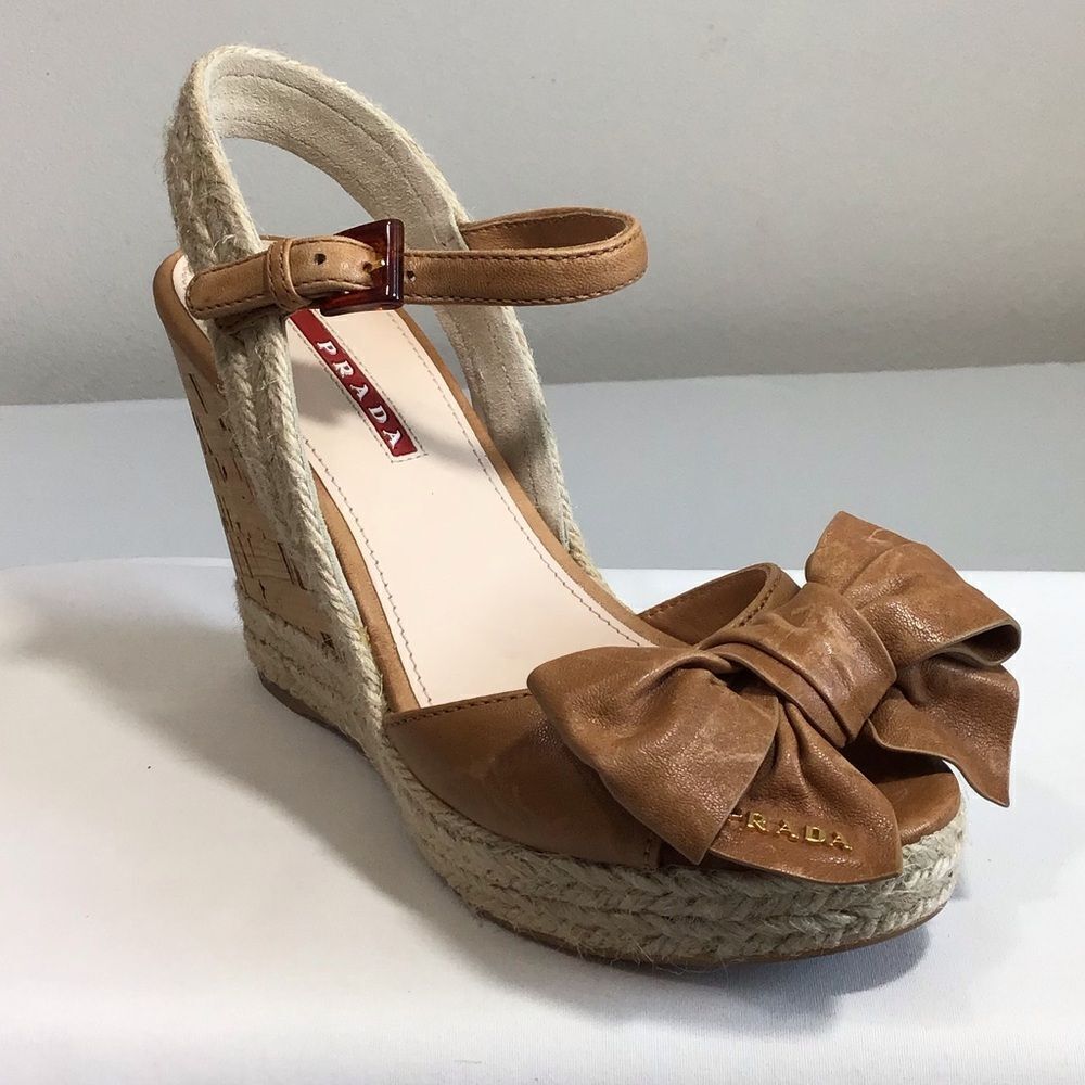 Prada Napa Aviator Bow Espadrille Sandal Wedges Size 36